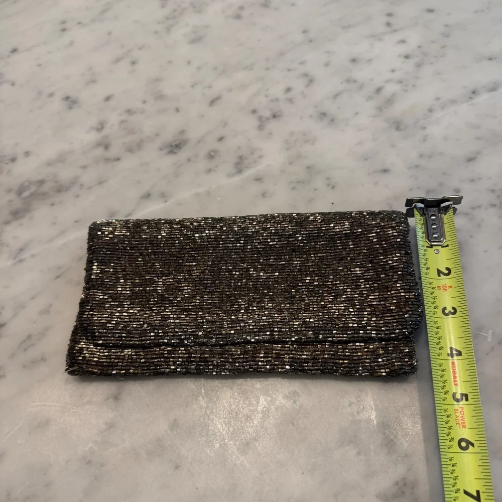 Moyna Metallic Bronze Beaded Foldover Clutch Evening Bag Zipper Closure Handbag